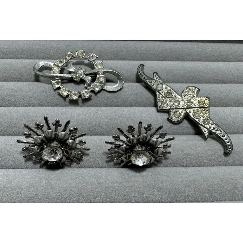 LOT of 4 Vintage Art Deco Mid Cen. Silver Tone POT METAL Rhinestone Brooch Pins